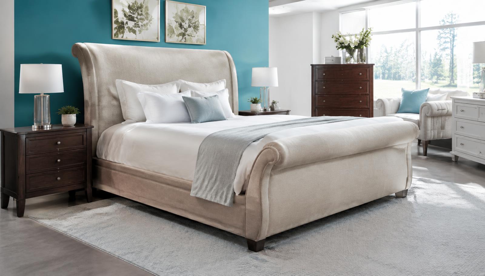 Upholstered sleigh bed in a bright bedroom